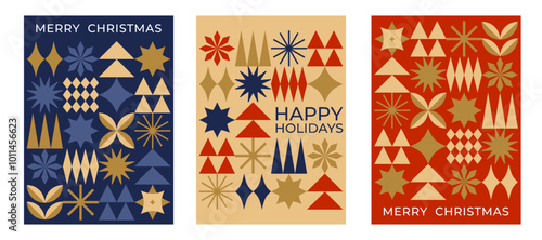 Set of Christmas greeting cards with geometric elements. Flat style. Template for winter holidays design. Vector illustration