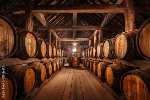 In a rustic loft-like storage room, rows of aging barrels under a wooden roof create an ambiance steeped in tradition, evoking history and thoughtful craftsmanship.