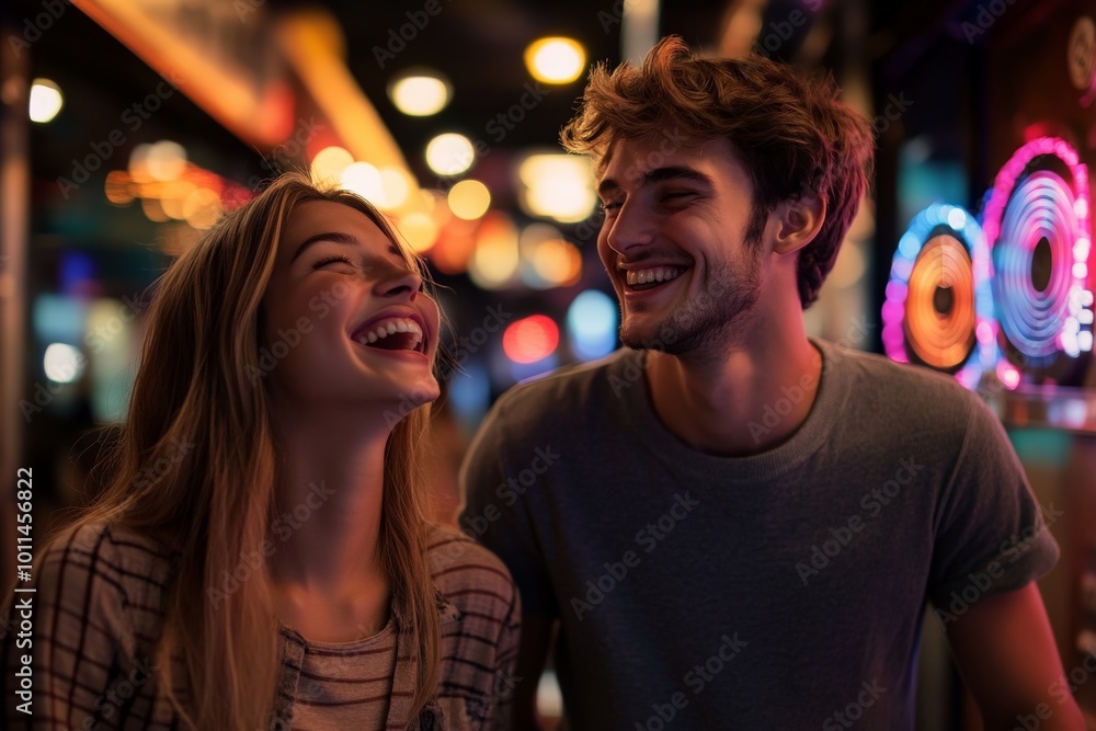 Two friends are caught in a moment of infectious laughter against the backdrop of neon-lit arcade games, creating a vivid image of friendship and enjoyment. Two friends are caught in a moment of infectious laughter against the backdrop of neon-lit arcade games, creating a vivid image of friendship and enjoyment.