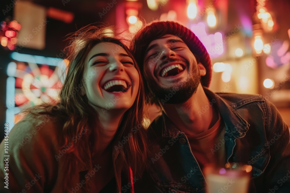 Obraz premium Friends share a cheerful and carefree moment under vibrant, colorful lights in an urban setting, reflecting joy and youthful energy in a contemporary style.