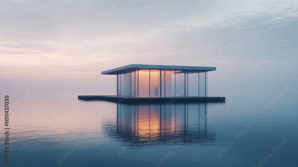 A small white house is floating on the water A small white house is floating on the water