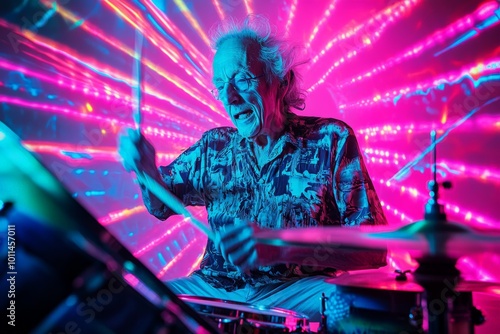 An elderly man passionately plays the drums amidst a dazzling, bright setting with swirling lights, embodying the joy and enthusiasm of music and art. photo