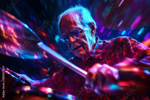 An old drummer is illuminated by swirling dynamic colorful lights as he performs, exuding a sense of artistic dedication, skill, and timeless passion for music. photo