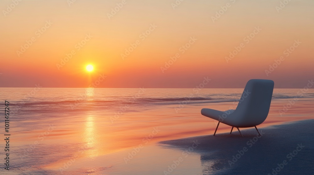 A white chair is sitting on the beach at sunset A white chair is sitting on the beach at sunset