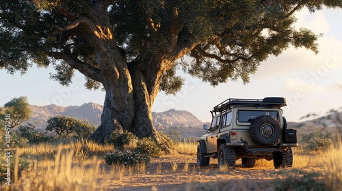 A rugged vehicle parked beneath a large tree, surrounded by golden grass and mountains, capturing a serene outdoor adventure.