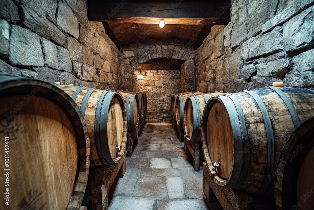 A rustic wine cellar filled with large wooden barrels, surrounded by stone walls, evokes the timeless tradition of wine storage and aging. Soft lighting adds warmth. A rustic wine cellar filled with large wooden barrels, surrounded by stone walls, evokes the timeless tradition of wine storage and aging. Soft lighting adds warmth.