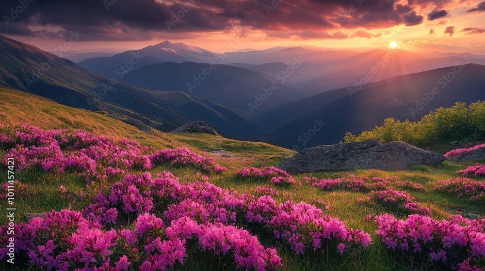Pink Flowers Field With Sunset Mountain Landscape Pink Flowers Field With Sunset Mountain Landscape