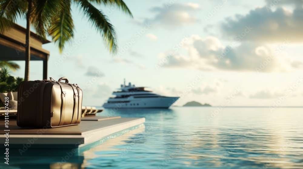 Obraz premium A serene seascape with a luxury yacht, palm trees, and a suitcase near water, evoking a sense of relaxation and upscale travel.
