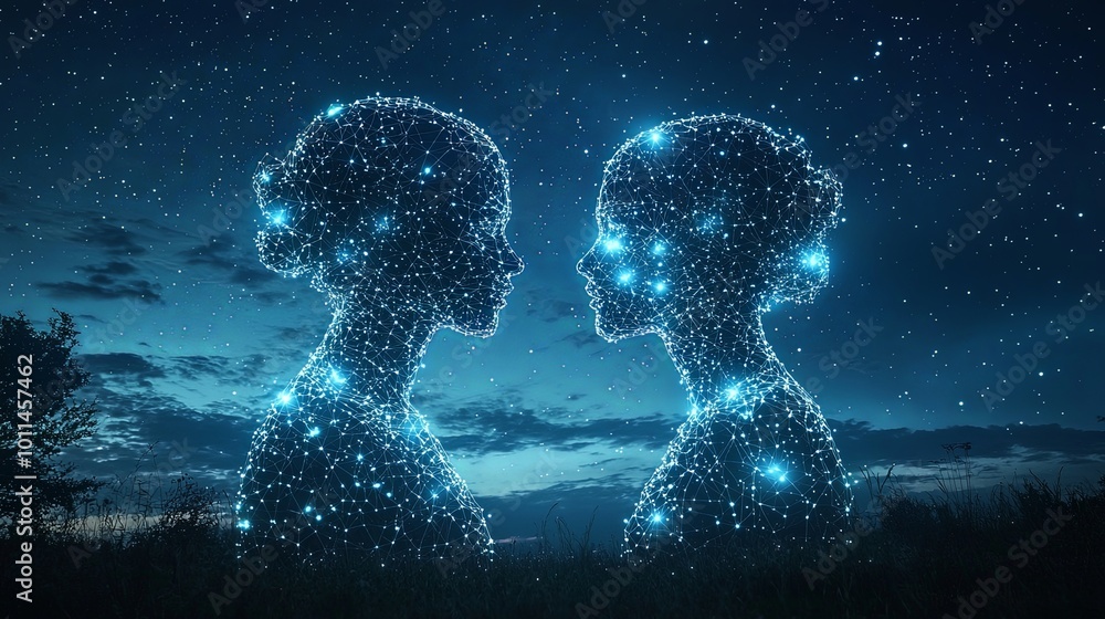 Two silhouettes made of shimmering interconnected starlit patterns standing in a cosmic setting evoke themes of unity, connection, and the drama of the vast universe. Two silhouettes made of shimmering interconnected starlit patterns standing in a cosmic setting evoke themes of unity, connection, and the drama of the vast universe.