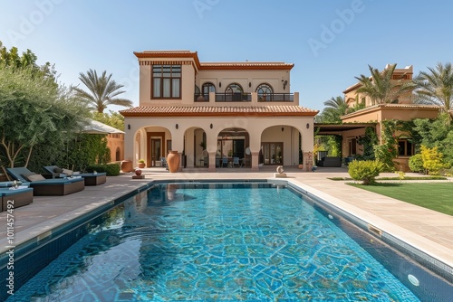 Spacious villa with outdoor pool, sunbathing area, and beautiful garden in Al Potrateria, Saudi Arabia, showcasing luxury living.