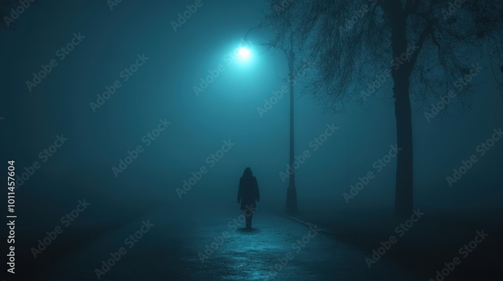 A distant view of a person walking down an empty, dimly lit street at night, with fog rolling in and a flickering streetlight in the background A distant view of a person walking down an empty, dimly lit street at night, with fog rolling in and a flickering streetlight in the background
