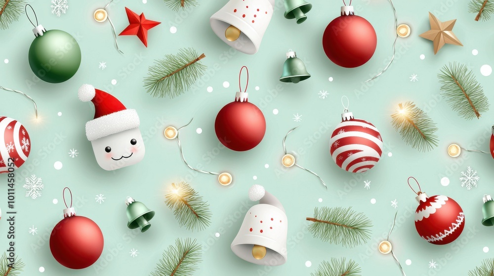 Seamless pattern of Christmas ornaments, lights, and bells in red and green, ideal for creating wrapping paper. Seamless pattern of Christmas ornaments, lights, and bells in red and green, ideal for creating wrapping paper.