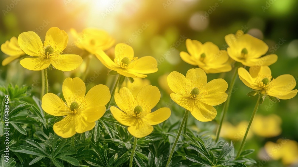 Fototapeta premium Close-up of fresh spring yellow flowers with light in the background, representing the beauty of the new season and nature renewal