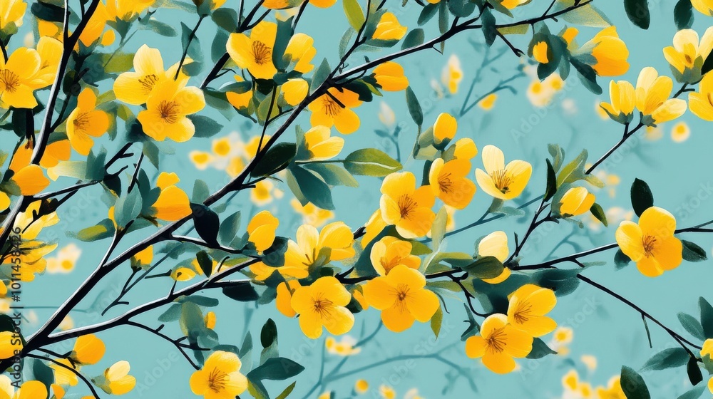 Delicate Floral Pattern with Yellow Flowers and Green Leaves Delicate Floral Pattern with Yellow Flowers and Green Leaves