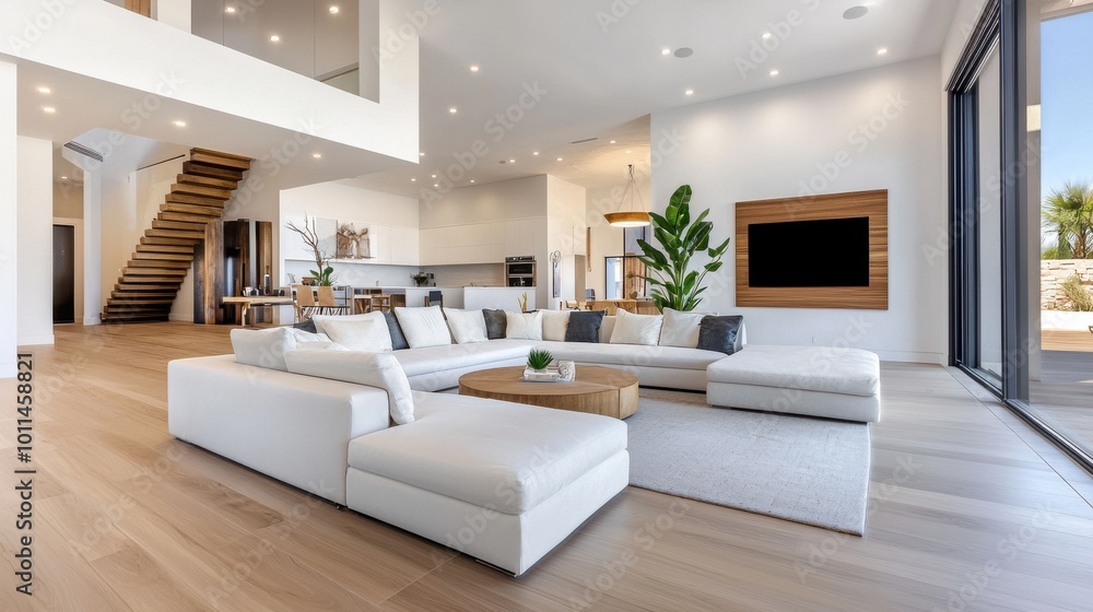 Fototapeta premium Spacious living room featuring an L-shaped sectional couch, perfect for entertaining guests in a modern, airy space.
