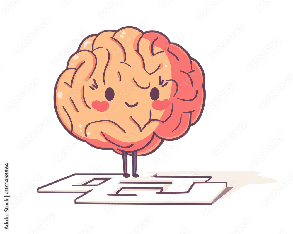Cute brain character navigating a maze, positive thinking concept. Cute brain character navigating a maze, positive thinking concept.