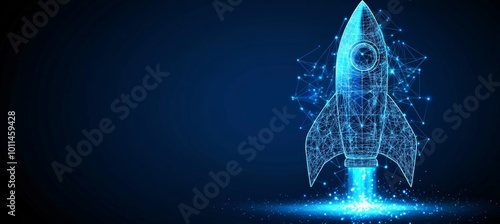 Fototapeta Naklejka Na Ścianę i Meble -  Abstract Polygonal Rocket Ship Taking Off, Futuristic Innovation and Technology Concept.
