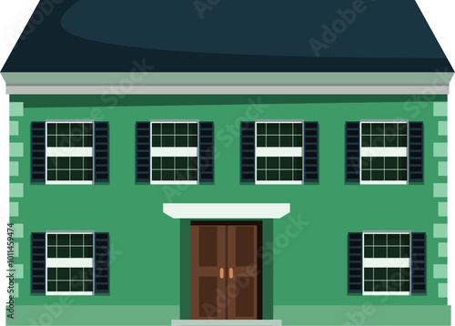 This illustration features a large green house with many windows and a large door, perfect for real estate and architecture themes