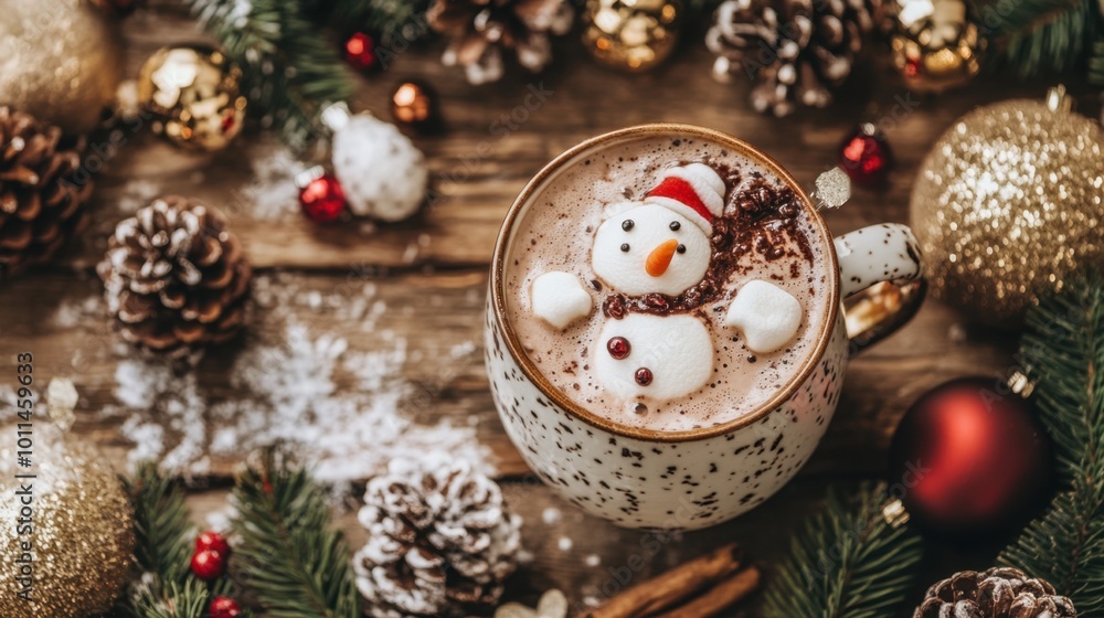 Cozy mug of hot chocolate topped with a cute melted marshmallow snowman, surrounded by festive Christmas winter decorations in a warm holiday atmosphere Cozy mug of hot chocolate topped with a cute melted marshmallow snowman, surrounded by festive Christmas winter decorations in a warm holiday atmosphere