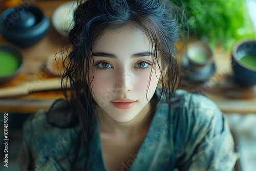 Japanese fashion model sitting on a terrace table, enjoying organic matcha green tea from a bowl. Scene includes green tea powder and a wooden spoon for a serene, natural ambiance. 