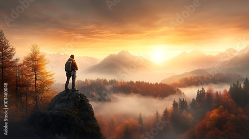 A mountain climber resting on a rocky ledge after a tough ascent, smiling with relief while gazing at a breathtaking view. The contrast between struggle and the beauty of nature underscores 