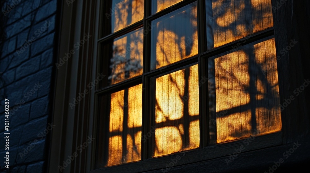 A window with a view of trees and a sun setting A window with a view of trees and a sun setting
