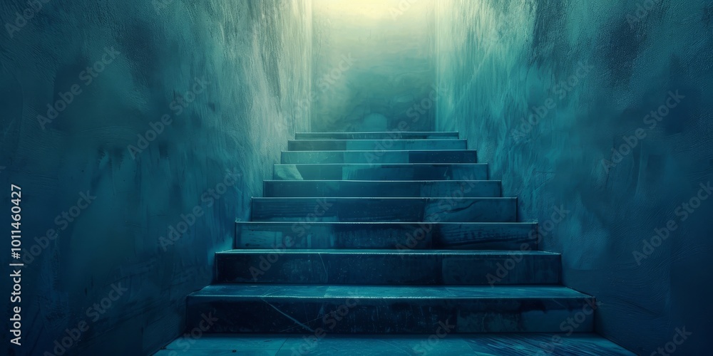 Abstract Stairway Leading Upwards with Bright Light at the Top, Blue Concrete Walls with Textured Surfaces. Abstract Stairway Leading Upwards with Bright Light at the Top, Blue Concrete Walls with Textured Surfaces.