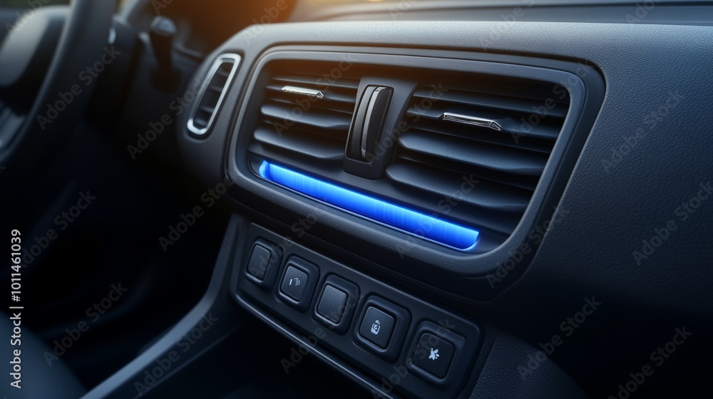 Close-Up of Dashboard Detail Air Conditioning Vent, Buttons, and Ambient Lighting in Modern Vehicle Close-Up of Dashboard Detail Air Conditioning Vent, Buttons, and Ambient Lighting in Modern Vehicle