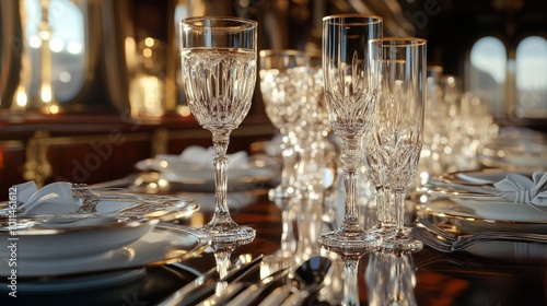 A beautifully set dining table featuring elegant glassware and fine china, reflecting a sophisticated atmosphere.