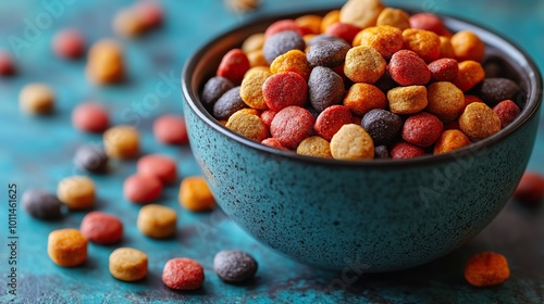 colorful dry pet food in bowl with scattered pieces symbolizing variety ,nutrition