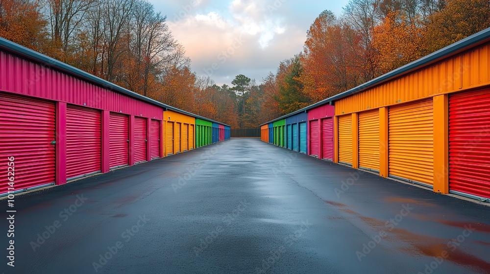 Fototapeta premium colorful storage units representing climate controlled storage solutions facility with rental space