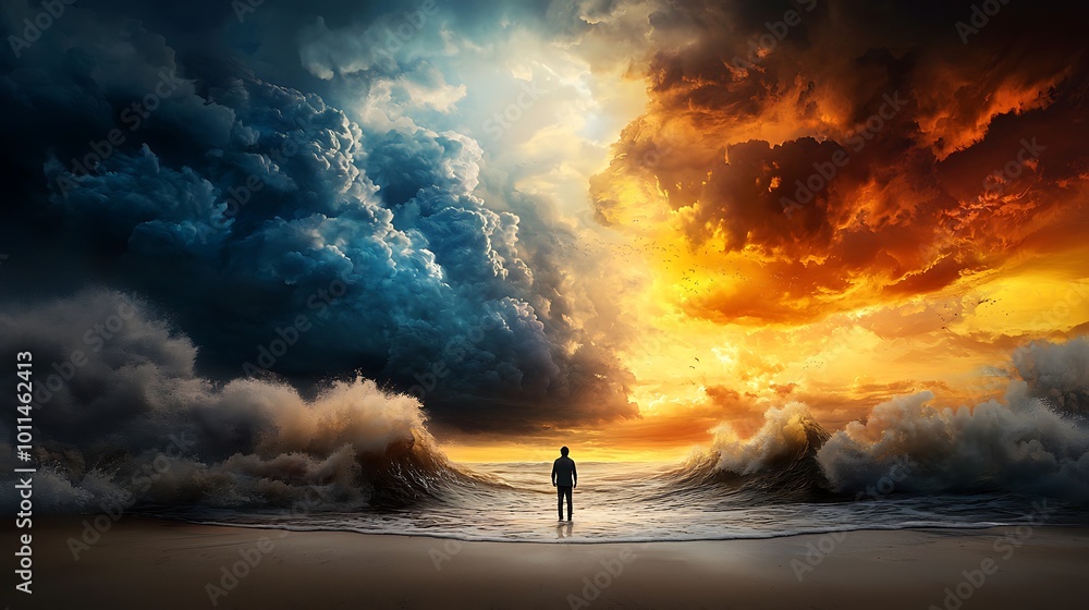 An individual standing alone on a rocky beach, gazing at the turbulent sea, with a stormy sky above, illustrating the idea of facing life's challenges and the journey to find true friends. Ultra-Reali An individual standing alone on a rocky beach, gazing at the turbulent sea, with a stormy sky above, illustrating the idea of facing life's challenges and the journey to find true friends. Ultra-Reali