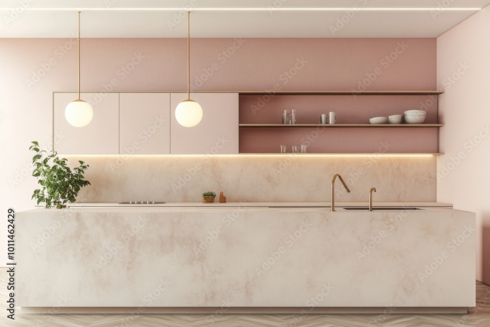 Modern kitchen in Morandi tones, matte pastel cabinets, muted pink and beige walls, with soft grey marble countertops, minimalist open shelving, and elegant brass fixtures, warm and inviting ambiance Modern kitchen in Morandi tones, matte pastel cabinets, muted pink and beige walls, with soft grey marble countertops, minimalist open shelving, and elegant brass fixtures, warm and inviting ambiance