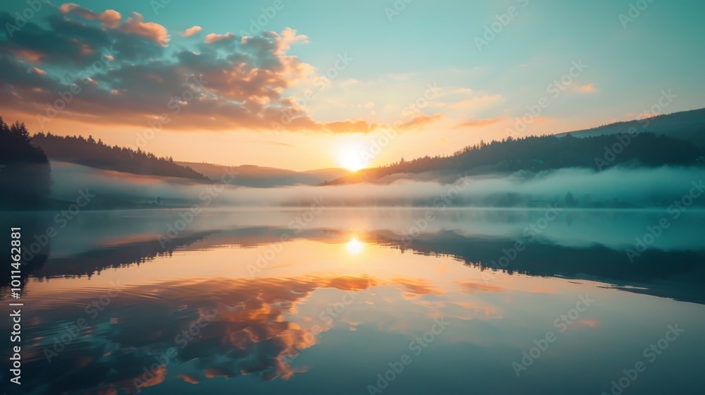 Serene Sunrise Over Foggy Lake With Mountain Silhouette Reflections. Serene Sunrise Over Foggy Lake With Mountain Silhouette Reflections.