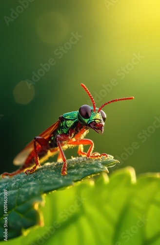 This stunning macro photograph captures a brightly colored insect perched on a leaf, showcasing its intricate details and vivid hues against a soft, blurred background.