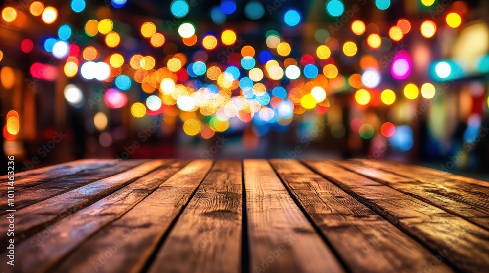 Empty wooden table with blurred neon bokeh lights in the background, night atmosphere, perfect for product display or promotions Empty wooden table with blurred neon bokeh lights in the background, night atmosphere, perfect for product display or promotions