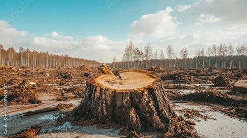 Fallen trees and uprooted stumps in a devastated forest, demonstrating the consequences of deforestation and loss of natural habitat photo