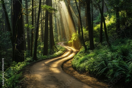 Sunlight Filtering Through The Trees Illuminating A Winding Path In A Lush Green Forest.