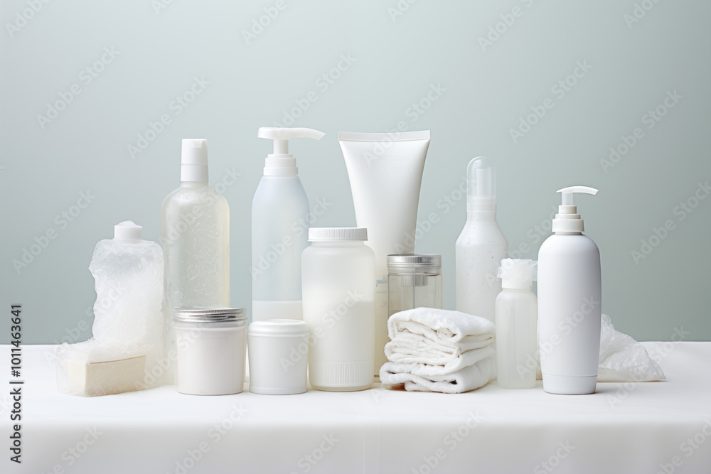A set of toiletries including a shampoo bottle, soap, and toothbrush, with high detail showing the texture of the plastic and liquid, towel on a clean white background with soft shadows. A set of toiletries including a shampoo bottle, soap, and toothbrush, with high detail showing the texture of the plastic and liquid, towel on a clean white background with soft shadows.