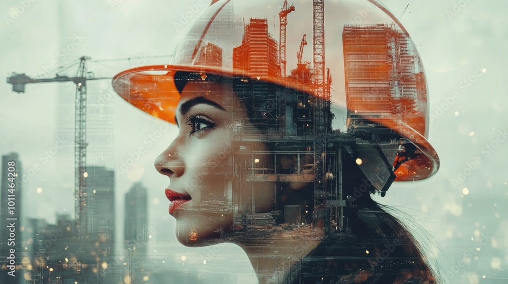 Double exposure image of a Latina female wearing a construction helmet with urban buildings and cranes in the background. Double exposure image of a Latina female wearing a construction helmet with urban buildings and cranes in the background.