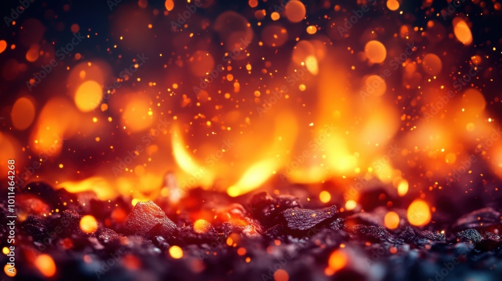 Fire embers and sparks scatter in the dark, forming a glowing abstract background of heat and light particles Fire embers and sparks scatter in the dark, forming a glowing abstract background of heat and light particles
