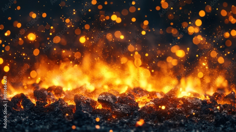 Fire embers and sparks scatter in the dark, forming a glowing abstract background of heat and light particles Fire embers and sparks scatter in the dark, forming a glowing abstract background of heat and light particles