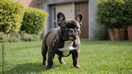 Brindle french bulldog in the garden