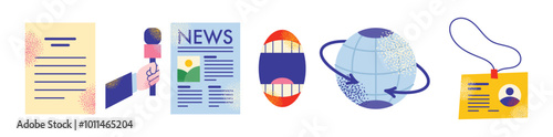 Press journalists concept set. Mass media questions and news. Diary, reporter, press, journalism, article Public speaking and press conference. Cartoon flat vector illustration isolated on background
