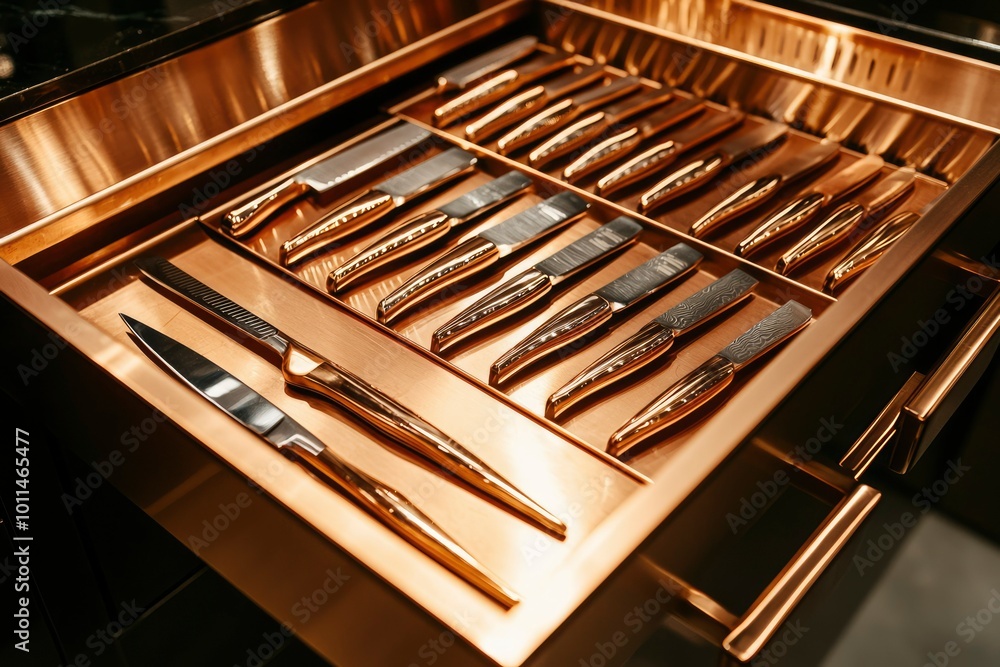 A drawer full of sharp, golden kitchen knives A drawer full of sharp, golden kitchen knives