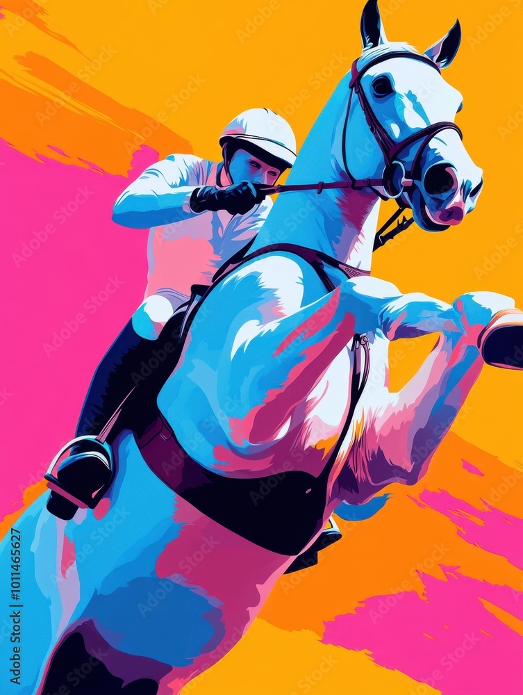 Colorful Equestrian Action in Bright Art Style Colorful Equestrian Action in Bright Art Style