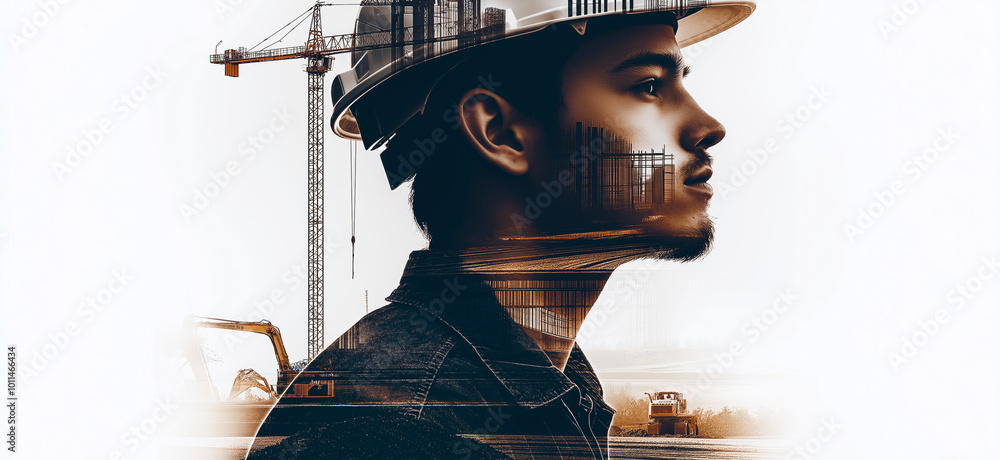 Construction worker double exposure. Building engineer or architect banner Construction worker double exposure. Building engineer or architect banner