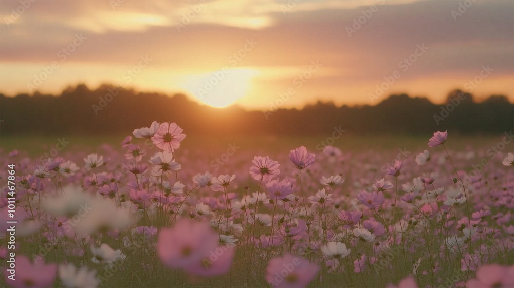 Fototapeta premium 夕暮れのコスモス畑