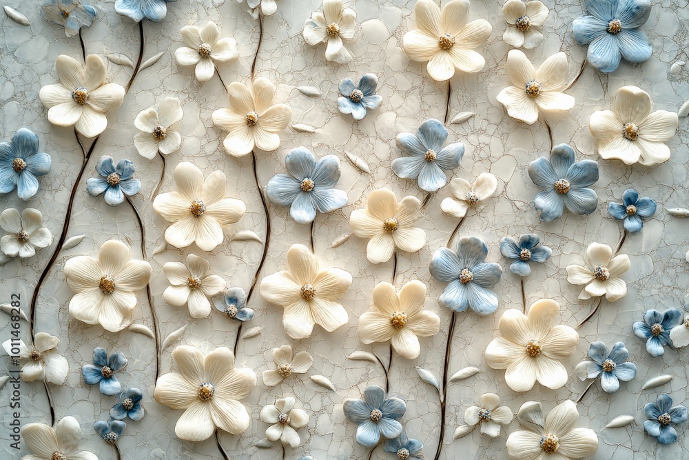 Pastel floral patterns in soft blue and ivory hues highlight an understated and serene style, capturing the essence of simple beauty and decorative elegance. Pastel floral patterns in soft blue and ivory hues highlight an understated and serene style, capturing the essence of simple beauty and decorative elegance.