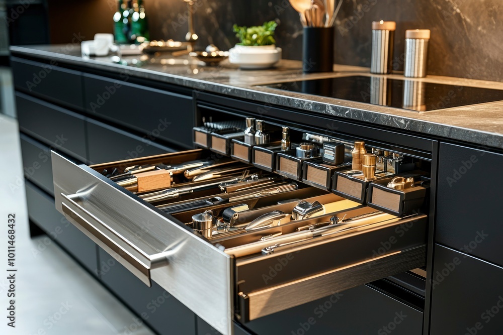 Open Kitchen Drawer with Organized Utensils and Appliances Open Kitchen Drawer with Organized Utensils and Appliances